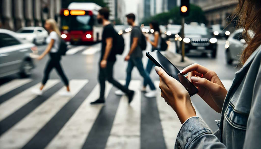 Fußgängersicherheit in städtischen Gebieten: Die Gefahren des abgelenkten Gehens durch Mobiltelefone erhöhen das Risiko von Unfällen und Interaktionen mit Fahrzeugen, was auf die Notwendigkeit neuer Maßnahmen in Infrastruktur und Planung hindeutet